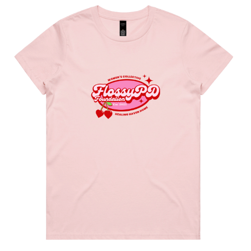 WOMEN'S T-SHIRT ~ FlossyPD Brand Logo on Pale Pink soft fall T-Shirt - Poetry on our Breasts.